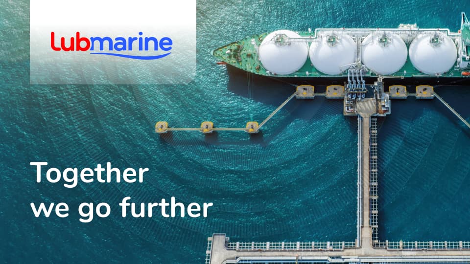 Aerial view of a LNG tanker with new Lubmarine signature Together we go further