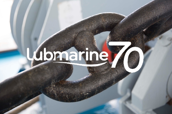 Lubmarine 70th anniversary logo with a mooring chain in background
