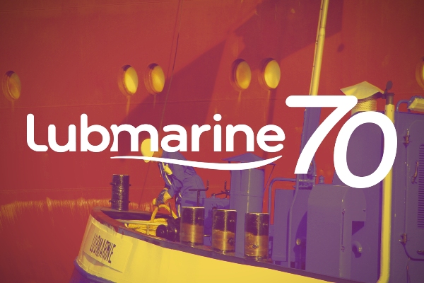 Lubmarine 70th anniversary logo with a barge in background