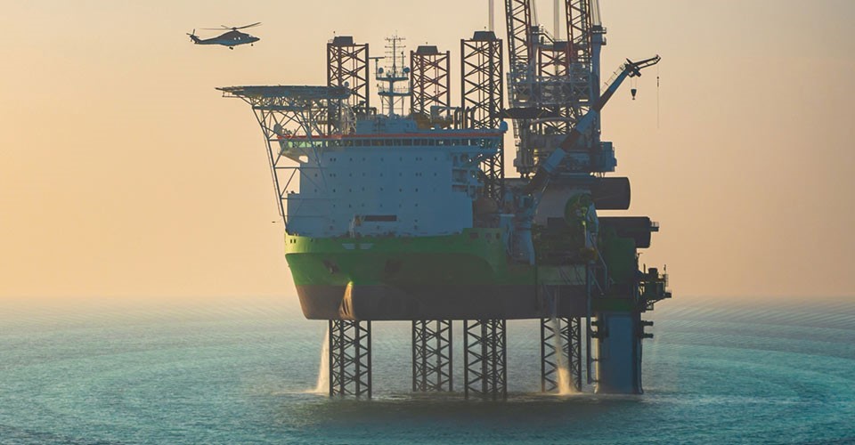 Wind turbine installation vessel in operation