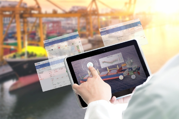 Shipping operator consulting Lubmarine digital portal on a tablet