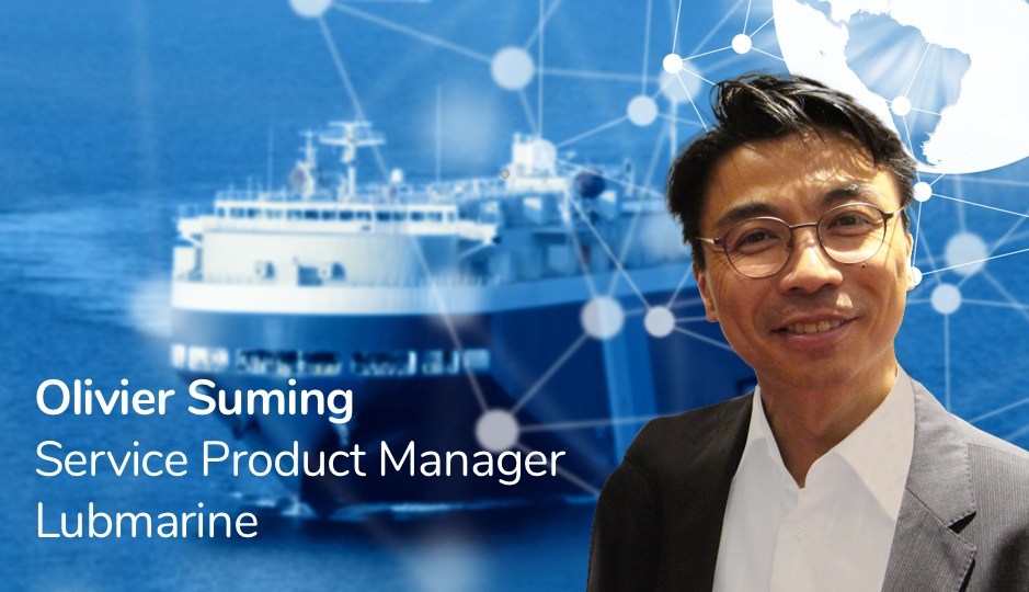 Picture of Olivier Suming, Lubmarine's Service Product Manager, with a ship behind him.