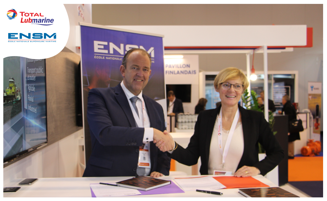 Robert Joore (Total Lubmarine) and Caroline Gregoire (ENSM) renewing partnership at Euromaritime 2020