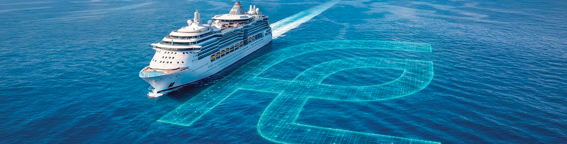 Cruise Ship at sea with Fuel Economy logo