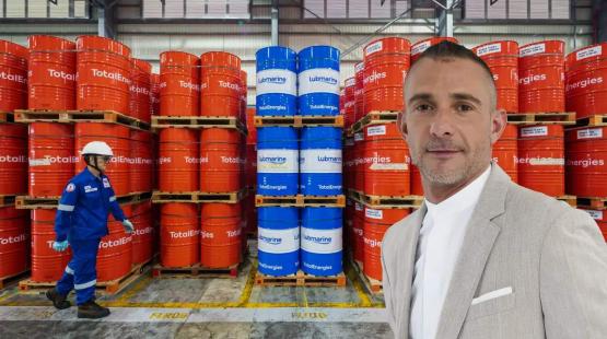 Christophe Guerbois with TotalEnergies and Lubmarine drums in background