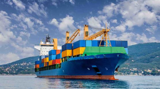 A containership on waters with a leafy mountain in the background and blue skies
