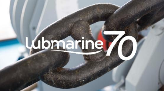 Lubmarine 70th anniversary logo with a mooring chain in background