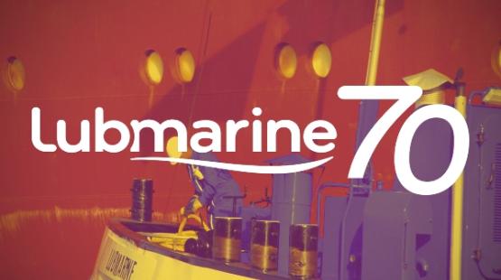 Lubmarine 70th anniversary logo with a barge in background