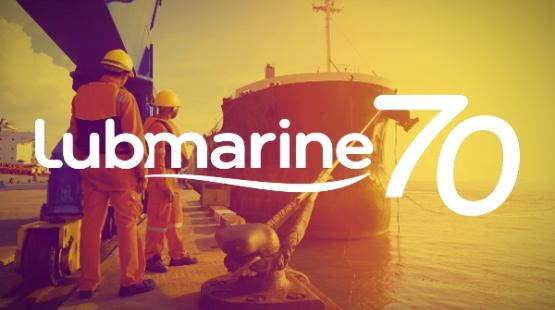 Lubmarine 70th anniversary logo with a cargo vessel at berth behind