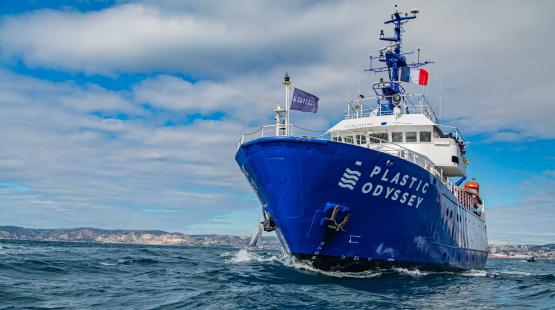The Plastic Odyssey ship at anchorage